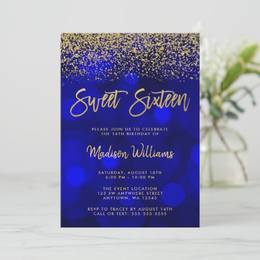 Modern Blue Bokeh Gold Glitter Sweet 16 Invitation | Zazzle