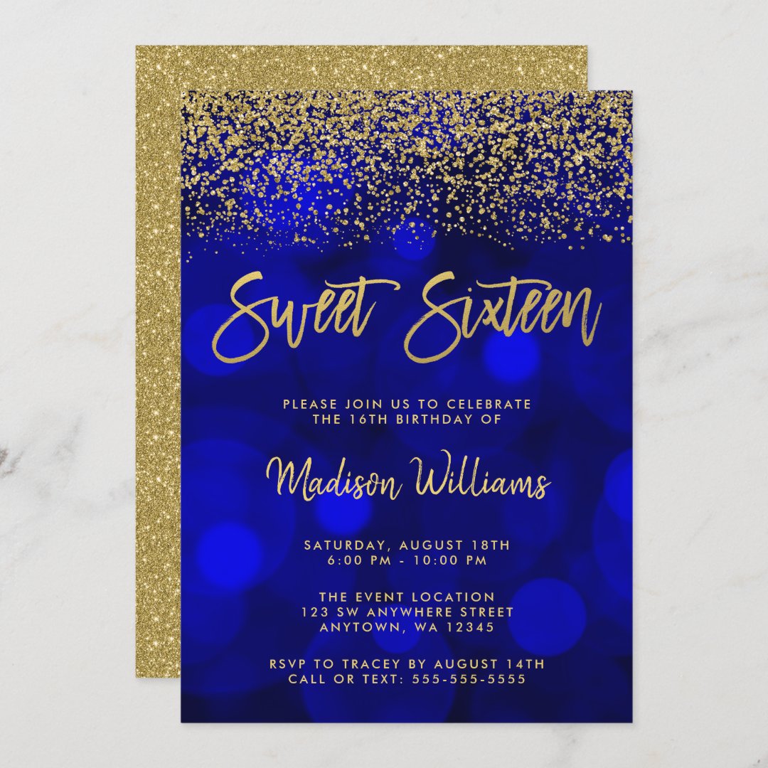 Modern Blue Bokeh Gold Glitter Sweet 16 Invitation | Zazzle