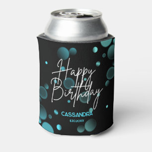 Modern Blue Bokeh Gradient Black Happy Birthday Can Cooler