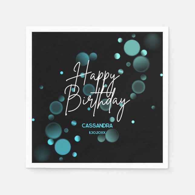 Modern Blue Bokeh Gradient Black Happy Birthday Napkins (Front)