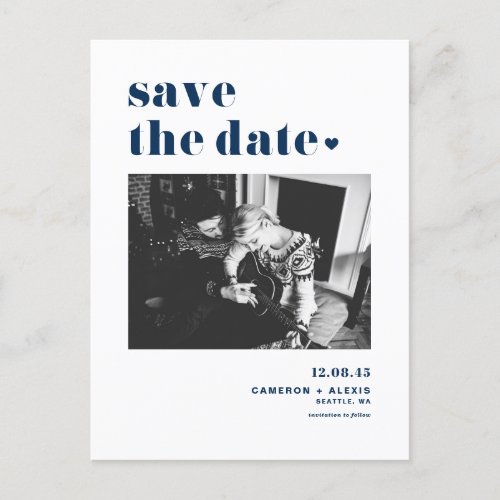 Modern Blue Bold Typography Photo Save the Date Announcement Postcard