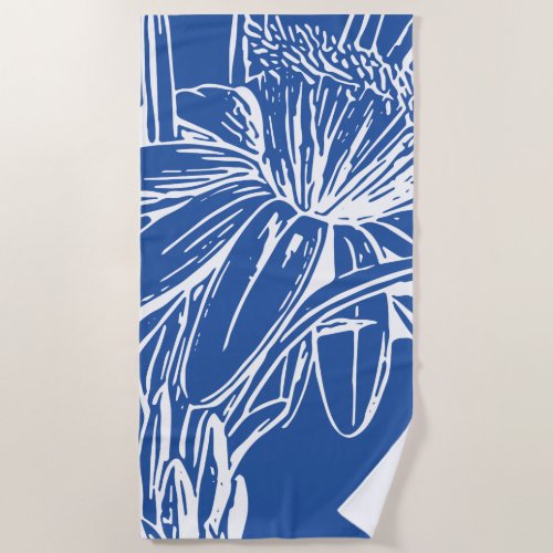 Modern Blue Botanical Floral Line Drawing Artwork Beach Towel