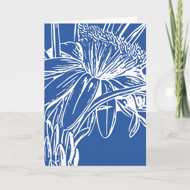 Modern Blue Botanical Floral Line Drawing Artwork Card (Front)
