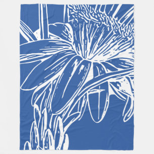 Modern Blue Botanical Floral Line Drawing Artwork Fleece Blanket