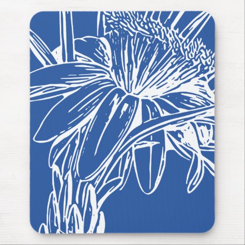 Modern Blue Botanical Floral Line Drawing Artwork Mouse Pad