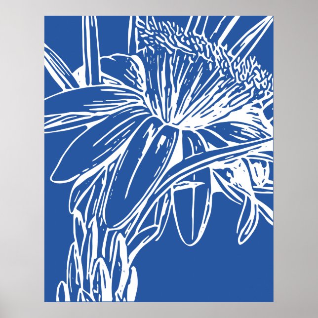 Modern Blue Botanical Floral Line Drawing Artwork Poster (Front)