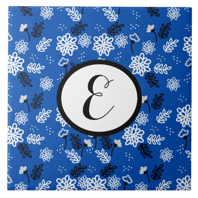 Modern Blue Botanical Floral Pattern Ceramic Tile (Front)