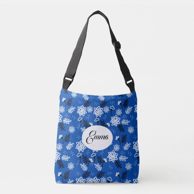 Modern Blue Botanical Floral Pattern Crossbody Bag (Front)