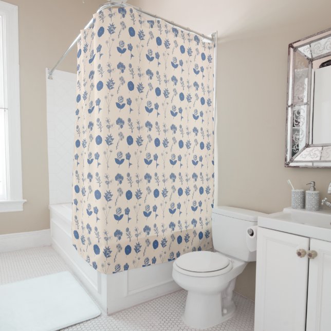 Modern Blue Botanical Floral Pattern Scandinavian Shower Curtain (In Situ)