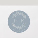 Modern Blue Botanical Initials Wedding Monogram Cl Classic Round Sticker<br><div class="desc">Custom-designed wedding monogram stickers featuring elegant hand drawn style white beige botanical wreath with couple's initials and wedding date on dusty blue background. Perfect for wedding save the dates,  envelops,  wedding favor packagings and more.</div>