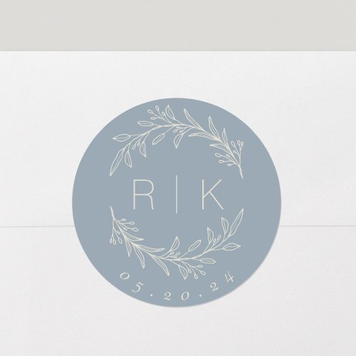 Modern Blue Botanical Initials Wedding Monogram Cl Classic Round Sticker