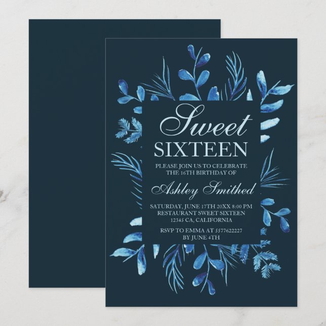 Modern blue botanical leaf watercolor Sweet 16 Invitation (Front/Back)