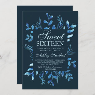 Modern blue botanical leaf watercolor Sweet 16 Invitation