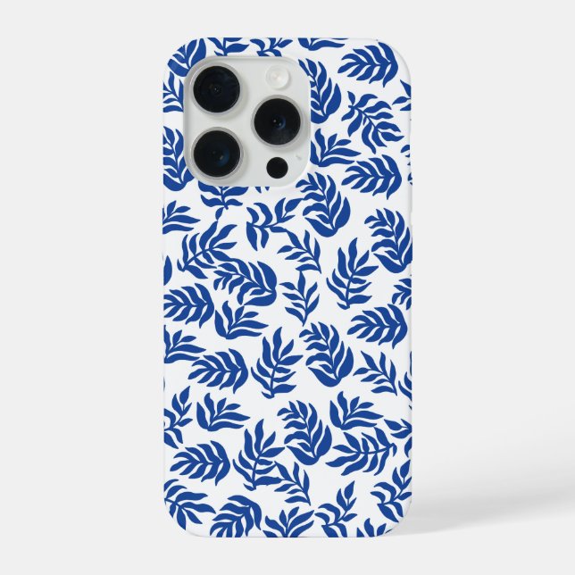 Modern Blue Botanical Leaves Pattern iPhone Case (Back)