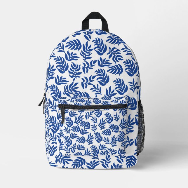Modern Blue Botanical Leaves Pattern Printed Backpack (Front)