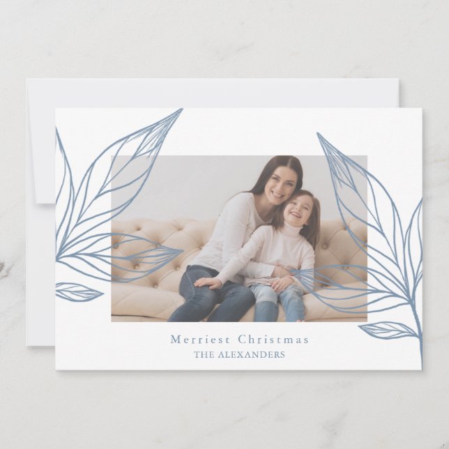Modern Blue Botanical Photo Christmas Invitation (Front)