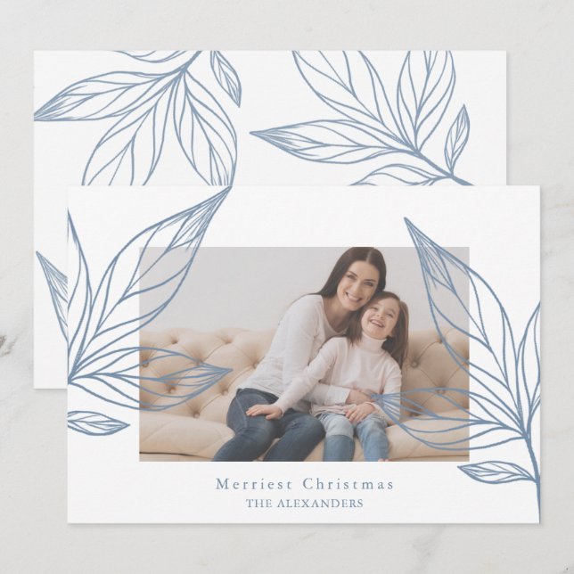 Modern Blue Botanical Photo Christmas Invitation (Front/Back)