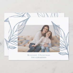 Modern Blue Botanical Photo Christmas Invitation