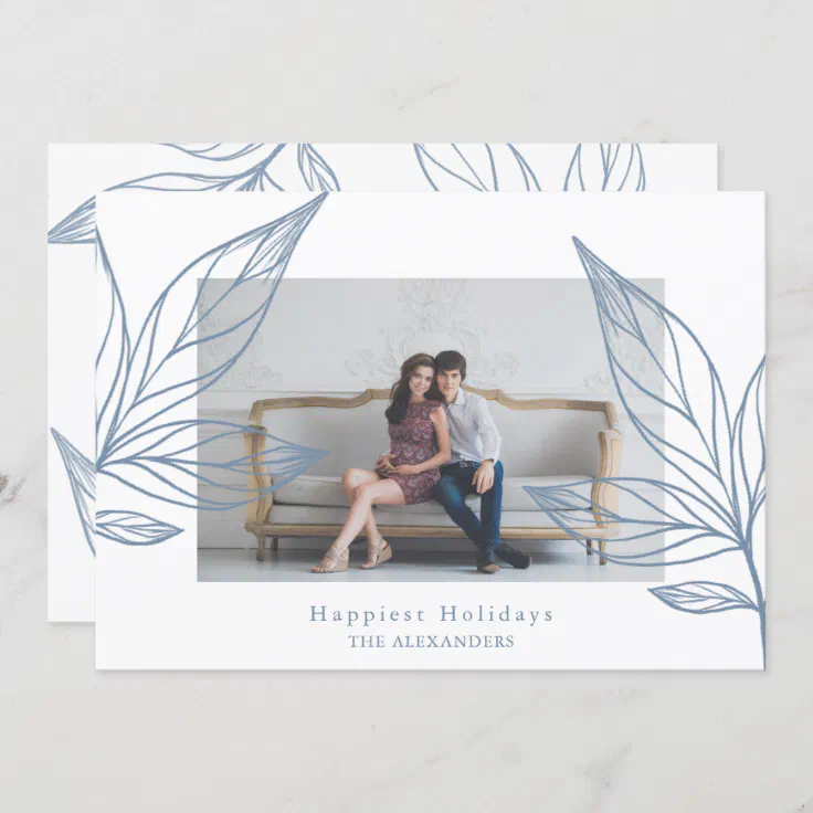Modern Blue Botanical Photo Happiest Holidays Invitation