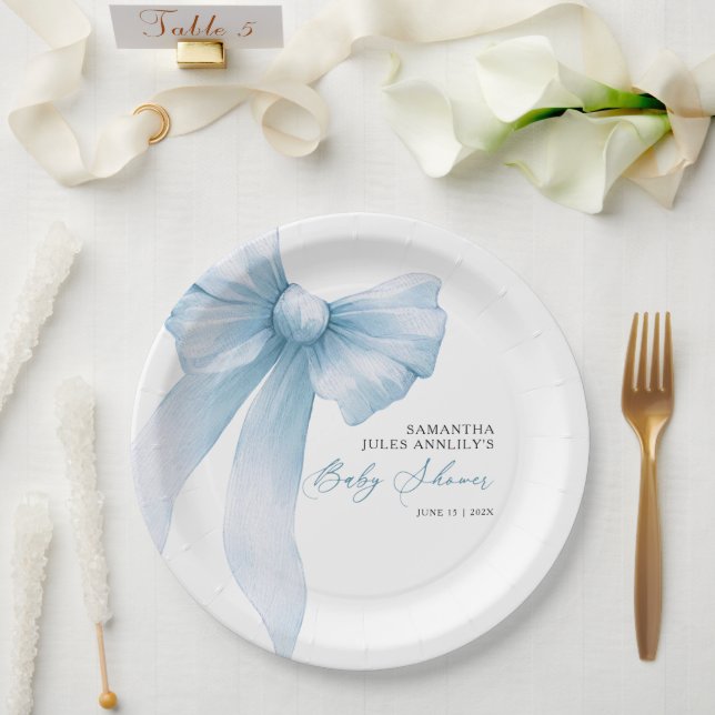 Modern Blue Bow Baby Shower  Paper Plates (Wedding)