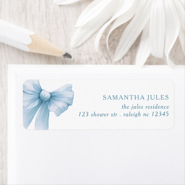 Modern Blue Bow Baby Shower Return Address Label (Insitu)