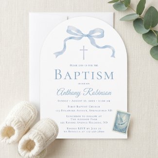 Modern Blue Bow Baptism Invitation for Boy