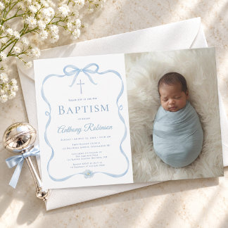 Modern Blue Bow Baptism Photo for Boy Invitation
