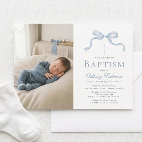 Modern Blue Bow Baptism Photo Invitation