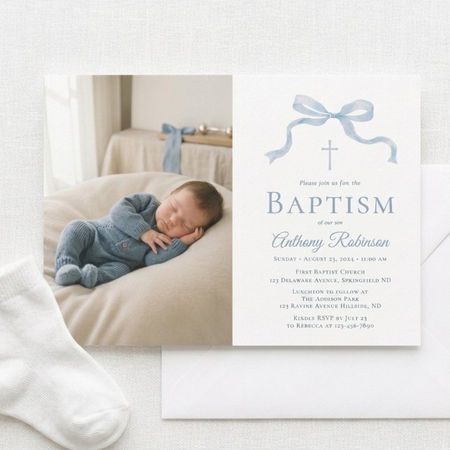 Modern Blue Bow Baptism Photo Invitation (Creator Uploaded)