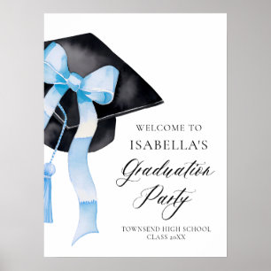 Modern Blue Bow Coquette Graduation Cap Welcome Poster
