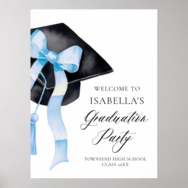 Modern Blue Bow Coquette Graduation Cap Welcome Poster (Front)