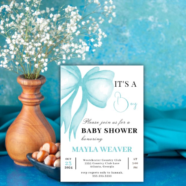 Modern Blue Bow Editable Elegant Baby boy Shower Invitation (Creator Uploaded)