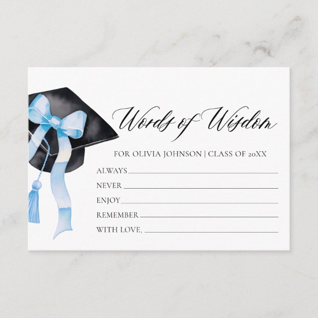 Modern Blue Bow Graduation Advice Words of Wisdom Enclosure Card (Front)