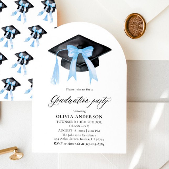 Modern Blue Bow Graduation Cap Graduation Arched Invitation (Creator Uploaded)