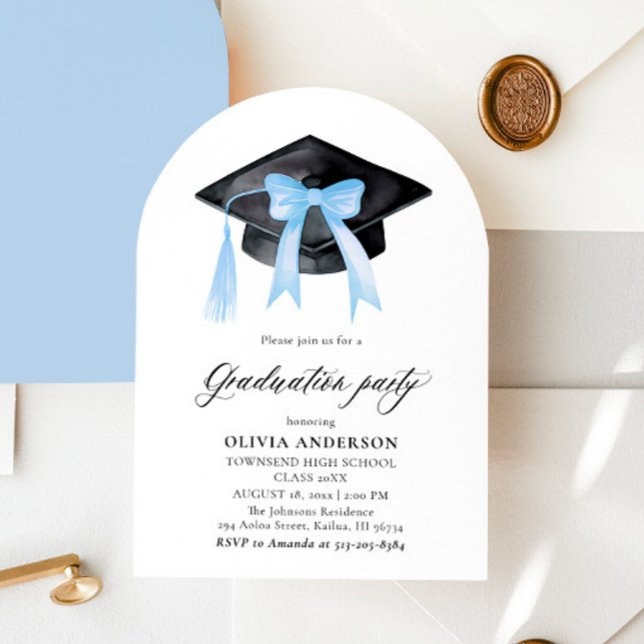 Modern Blue Bow Graduation Cap Graduation Arched Invitation (Creator Uploaded)