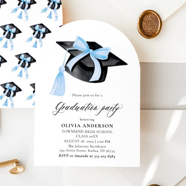 Modern Blue Bow Graduation Cap Graduation Arched Invitation (Creator Uploaded)