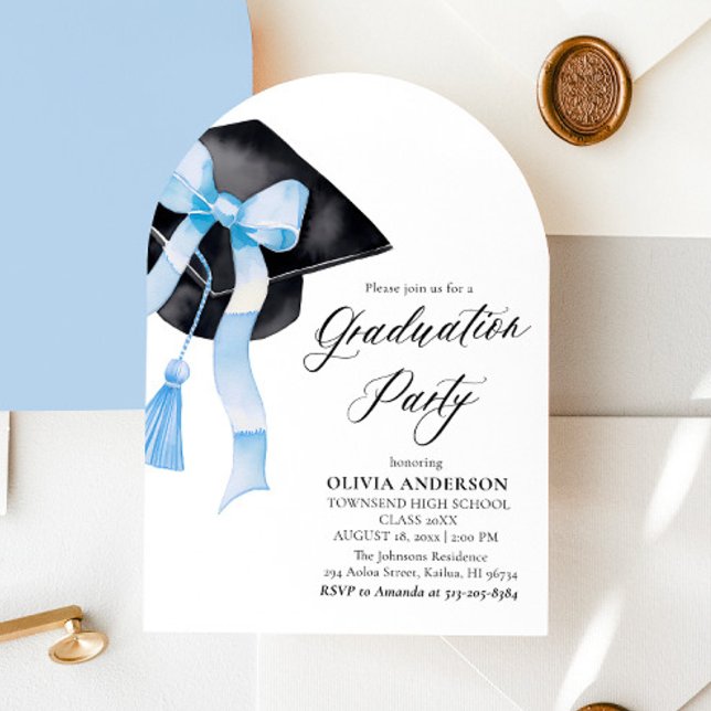 Modern Blue Bow Graduation Cap Graduation Arched  Invitation (Creator Uploaded)