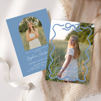 Modern Blue Bow Photo Graduation Party Invitation