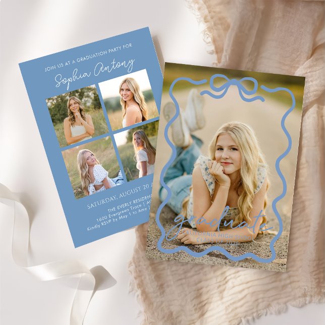 Modern Blue Bow Photo Graduation Party Invitation (Creator Uploaded)