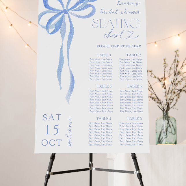 Modern Blue Bow Script Bridal Shower Seating Chart Foam Board (In Situ (Stand))