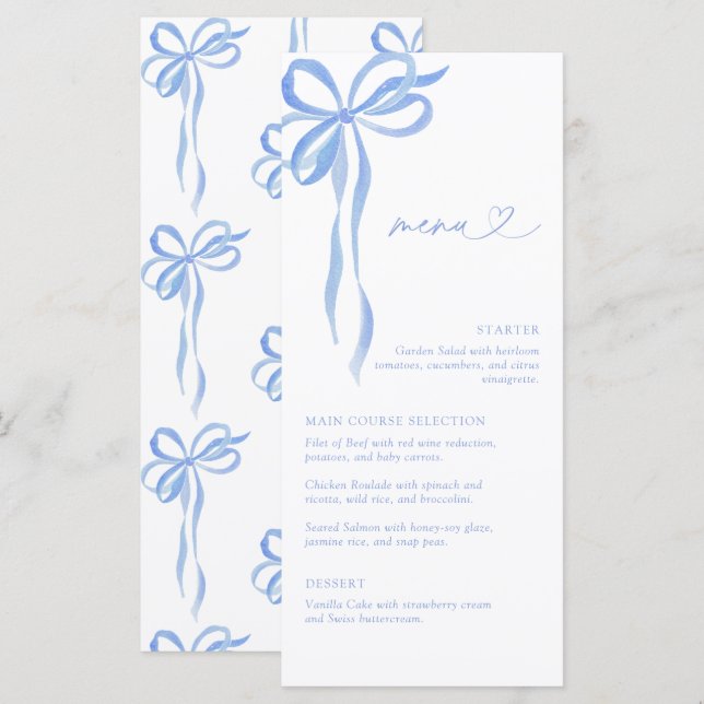 Modern Blue Bow Watercolor Script Bridal Shower Menu (Front/Back)