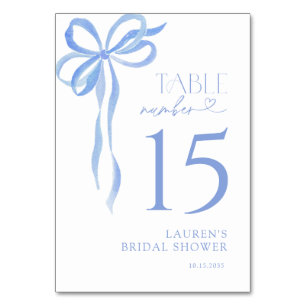 Modern Blue Bow Watercolor Script Bridal Shower Table Number