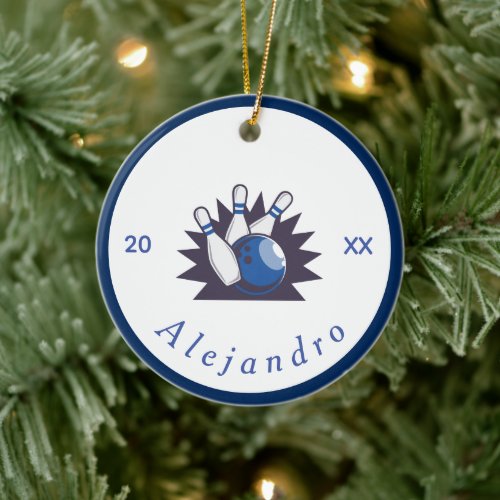 Modern Blue Bowling Design Pins  Ball Custom Name Ceramic Ornament