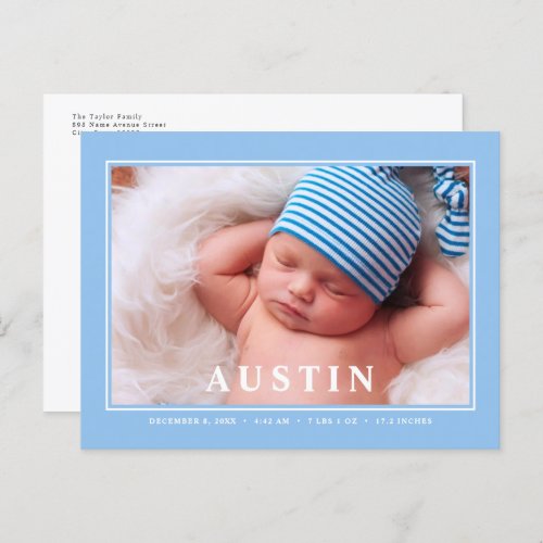 Modern Blue Boy Baby Announcement Minimalist Photo Postcard