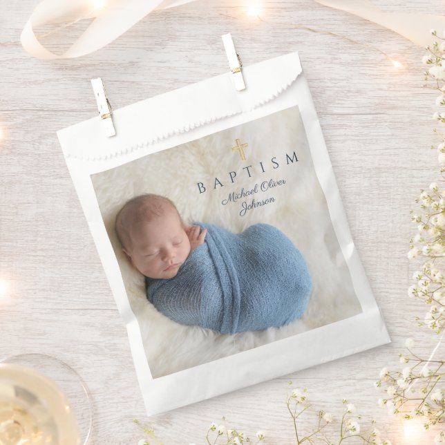 Modern Blue Boy Baptism Photo Favor Bag (Clipped)