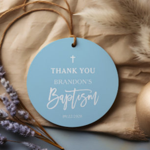Modern Blue Boy Baptism Round Thank you Favor Tags