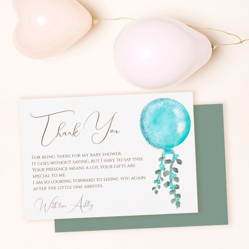 Modern blue boy glitter balloon baby shower thank you card