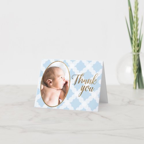 Modern Blue Boy photo Baby Shower  Thank You Card