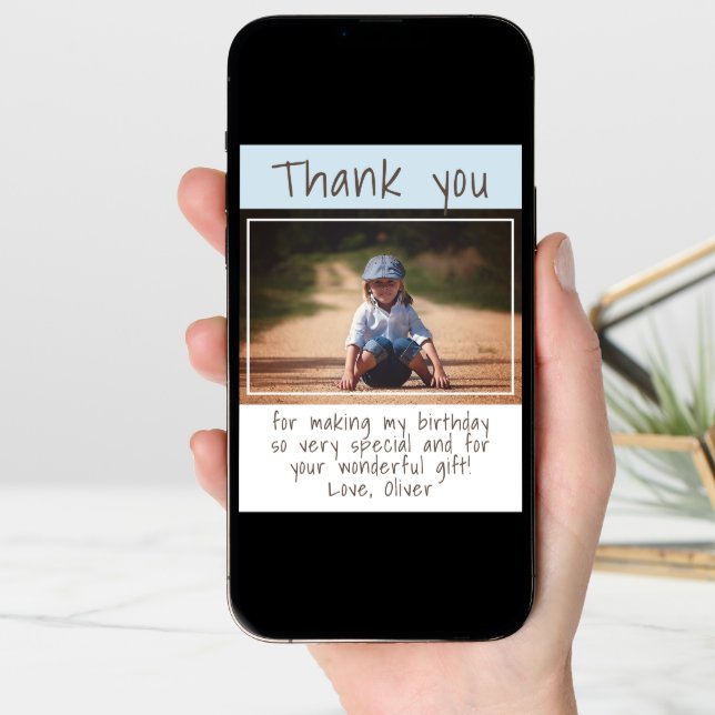 Modern Blue Boy Photo Birthday Thank you   Card (Front Digital)