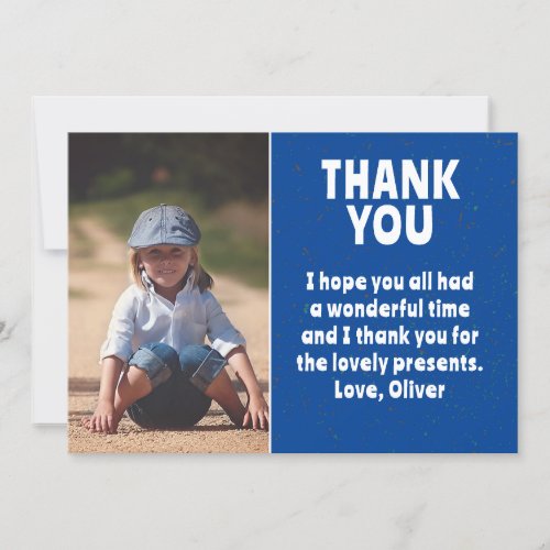 Modern Blue Boy Photo  Kids Birthday  Thank You Card